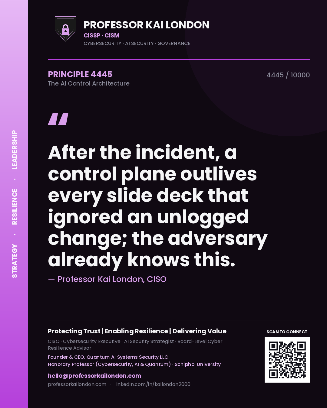 Quote card by Professor Kai London reading 'After the incident, a control plane outlives every slide deck that ignored an unlogged change; the adversary already knows this.'. From the book The AI Control Architecture.
