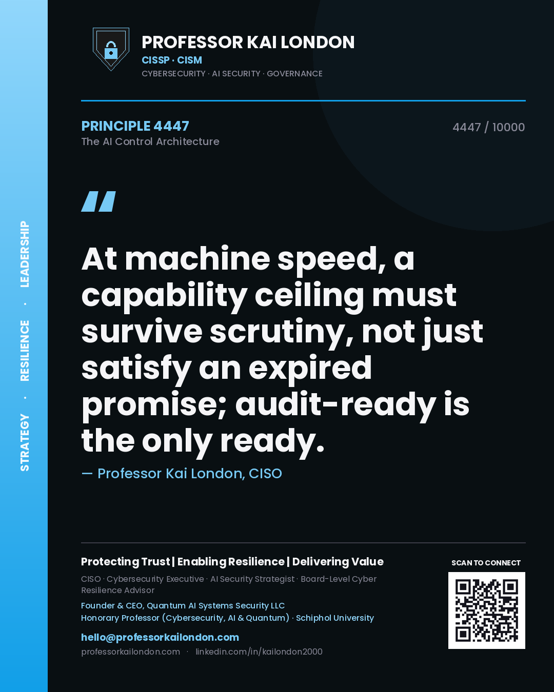 Quote card by Professor Kai London reading 'At machine speed, a capability ceiling must survive scrutiny, not just satisfy an expired promise; audit-ready is the only ready.'. From the book The AI Control Architecture.