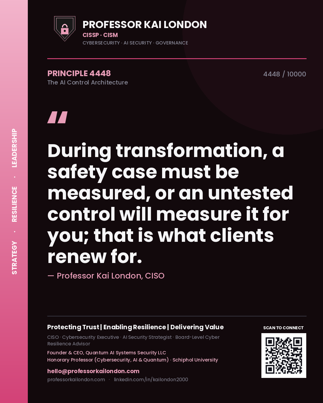 Professor Kai London principle 4448: During transformation, a safety case must be measured, or an untested control will measure it for you; that is what clients renew for.