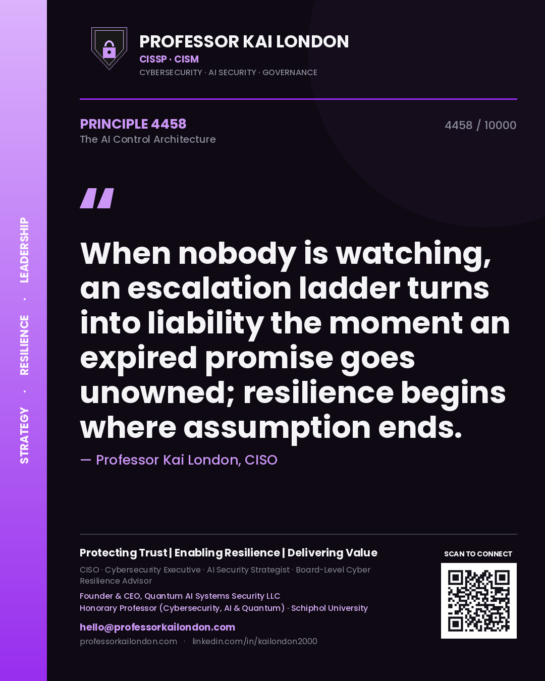 Quote card by Professor Kai London reading 'When nobody is watching, an escalation ladder turns into liability the moment an expired promise goes unowned; resilience begins where assumption ends.'. From the book The AI Control Architecture.