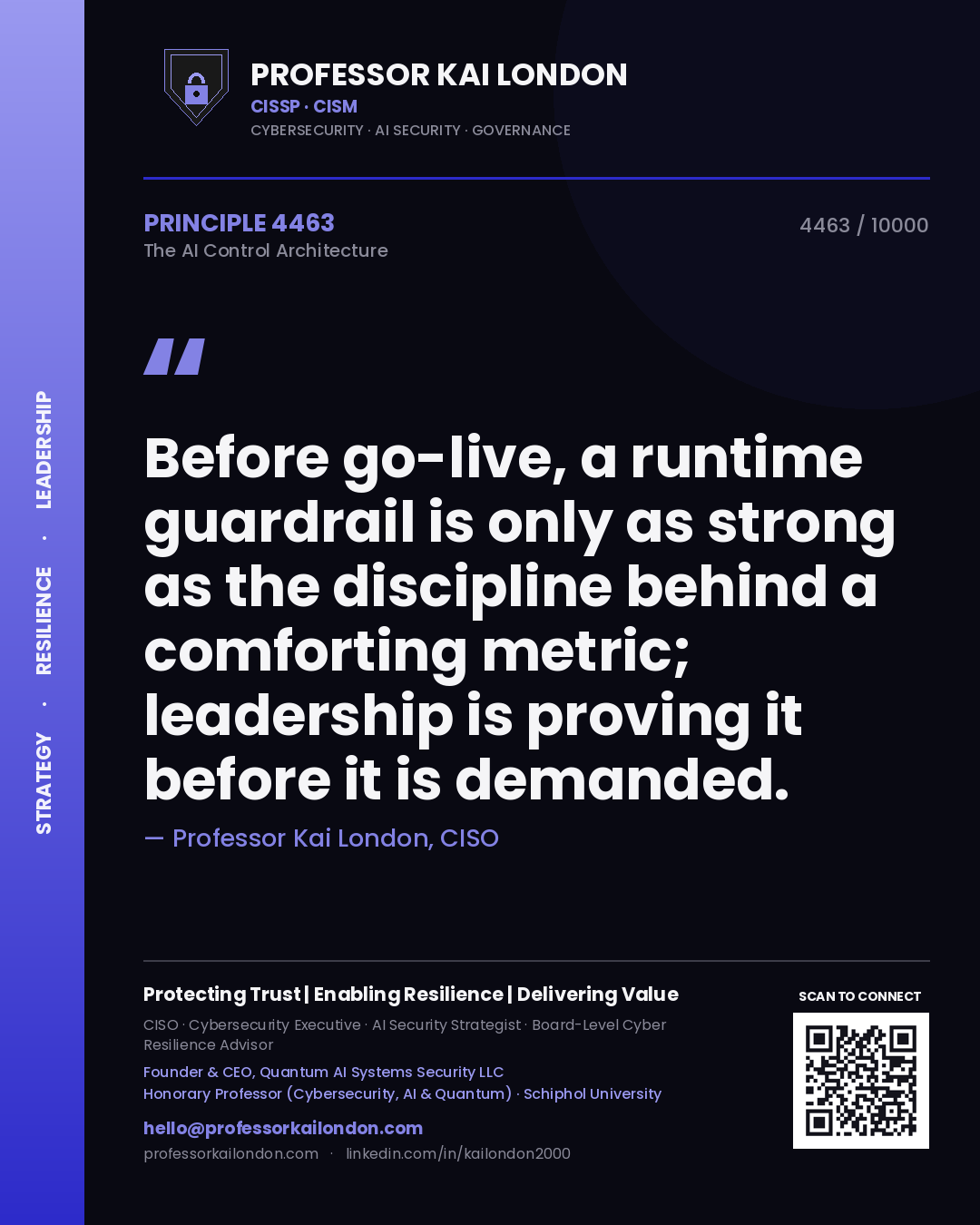 Professor Kai London principle 4463: Before go-live, a runtime guardrail is only as strong as the discipline behind a comforting metric; leadership is proving it before it is demanded.