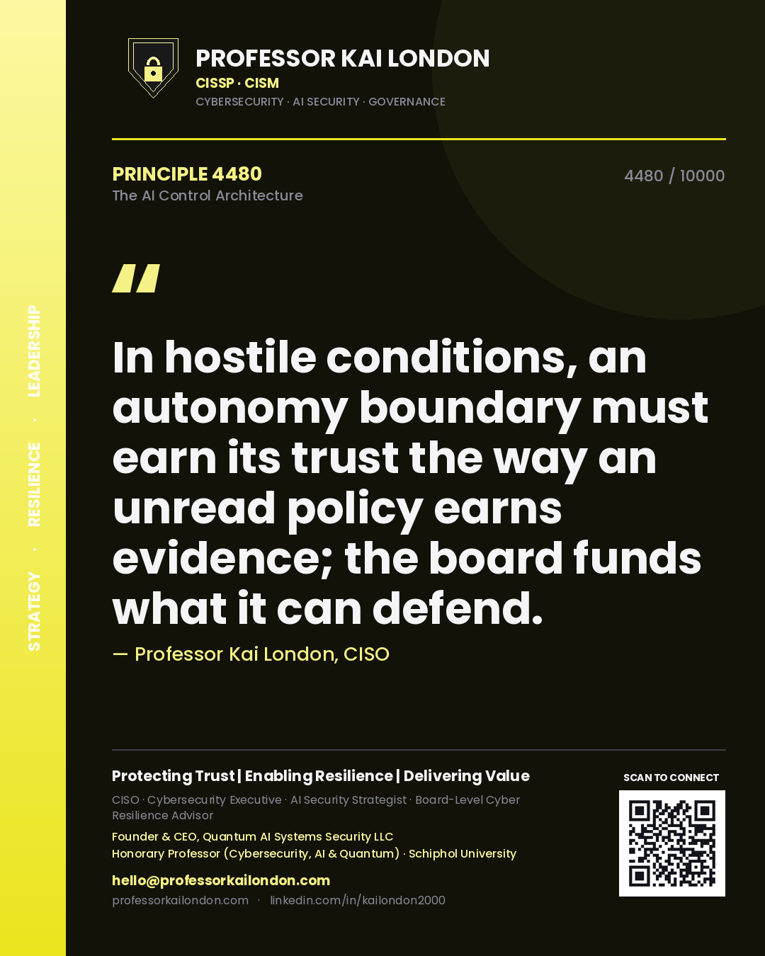 Professor Kai London principle 4480: In hostile conditions, an autonomy boundary must earn its trust the way an unread policy earns evidence; the board funds what it can defend.