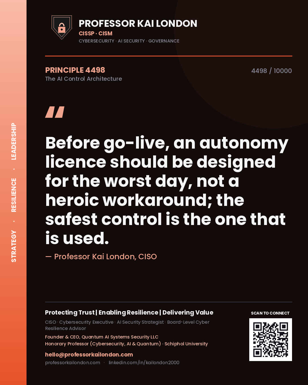 Quote card by Professor Kai London reading 'Before go-live, an autonomy licence should be designed for the worst day, not a heroic workaround; the safest control is the one that is used.'. From the book The AI Control Architecture.