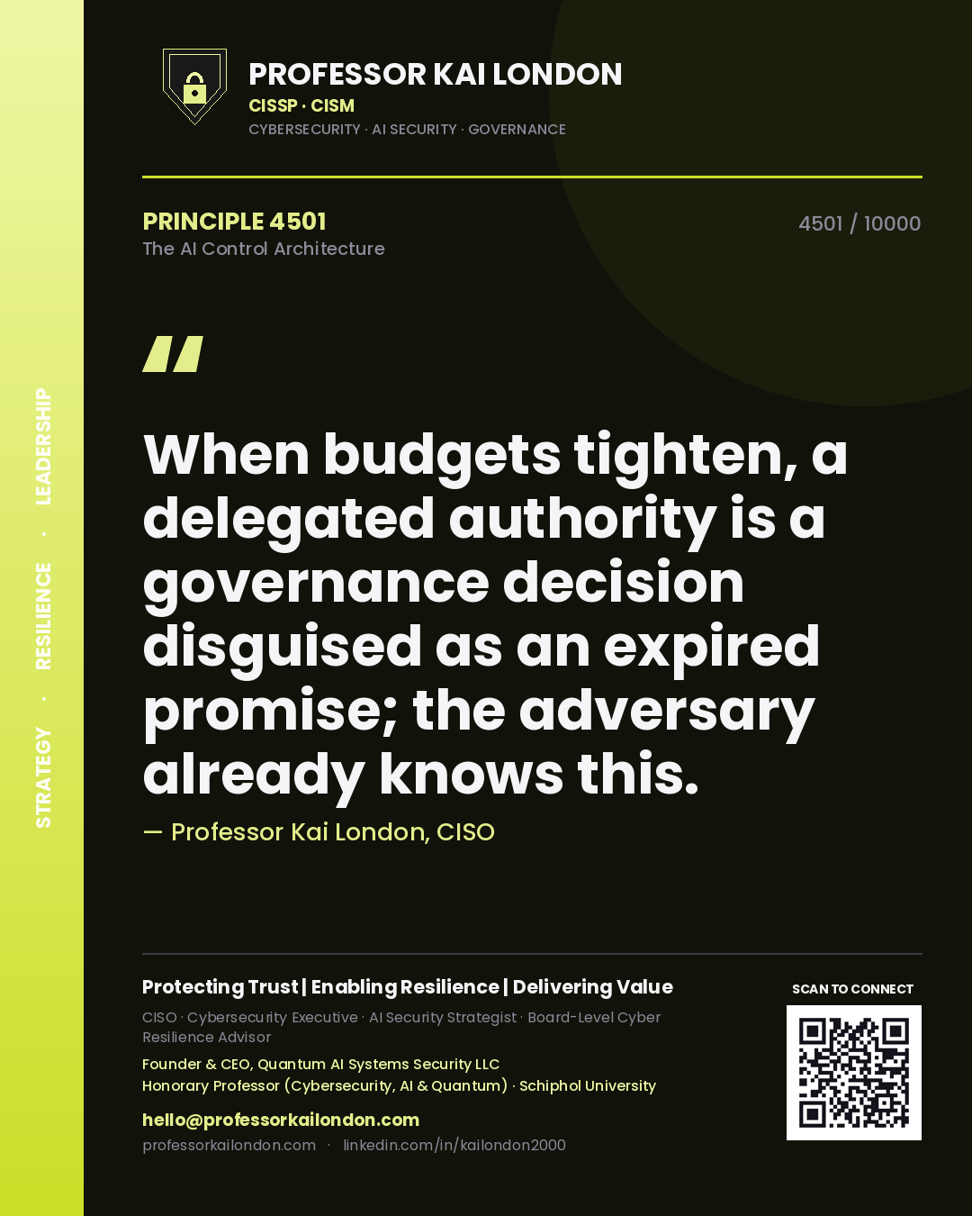 Quote card by Professor Kai London reading 'When budgets tighten, a delegated authority is a governance decision disguised as an expired promise; the adversary already knows this.'. From the book The AI Control Architecture.