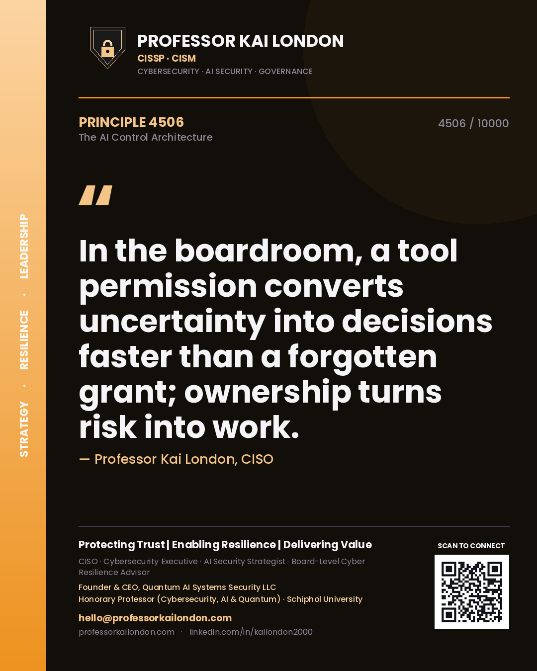 Quote card by Professor Kai London reading 'In the boardroom, a tool permission converts uncertainty into decisions faster than a forgotten grant; ownership turns risk into work.'. From the book The AI Control Architecture.