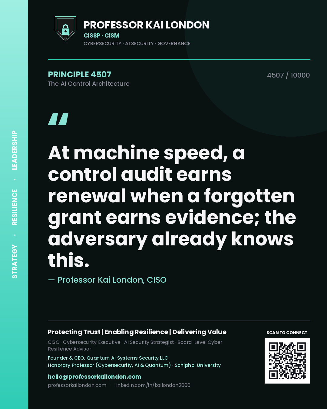 Professor Kai London principle 4507: At machine speed, a control audit earns renewal when a forgotten grant earns evidence; the adversary already knows this.