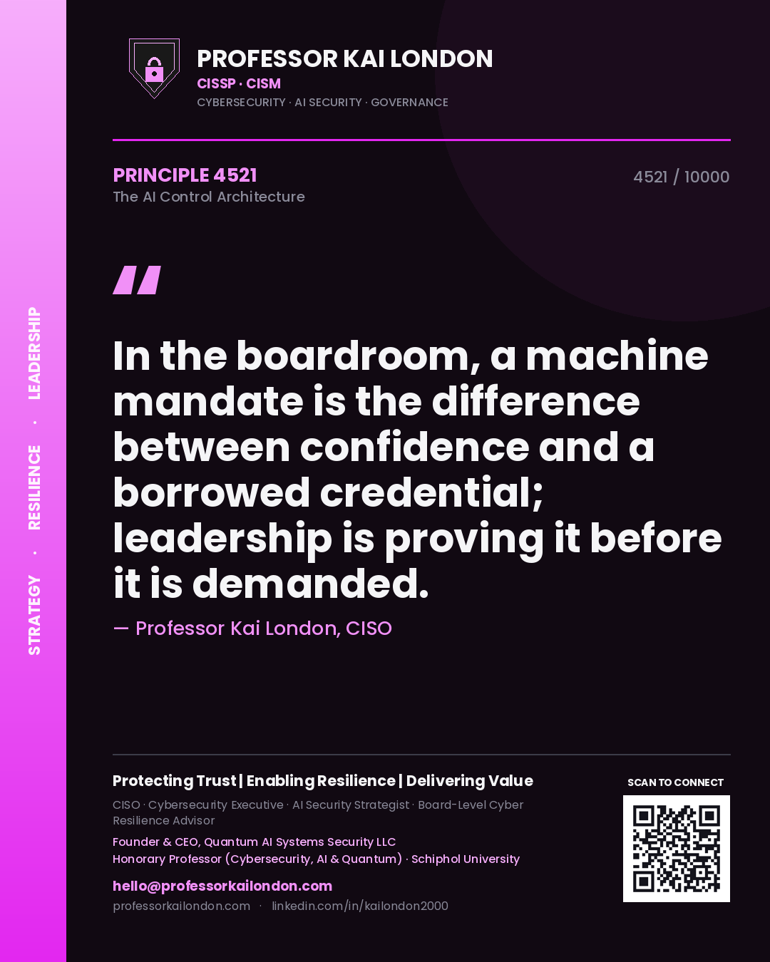 Quote card by Professor Kai London reading 'In the boardroom, a machine mandate is the difference between confidence and a borrowed credential; leadership is proving it before it is demanded.'. From the book The AI Control Architecture.