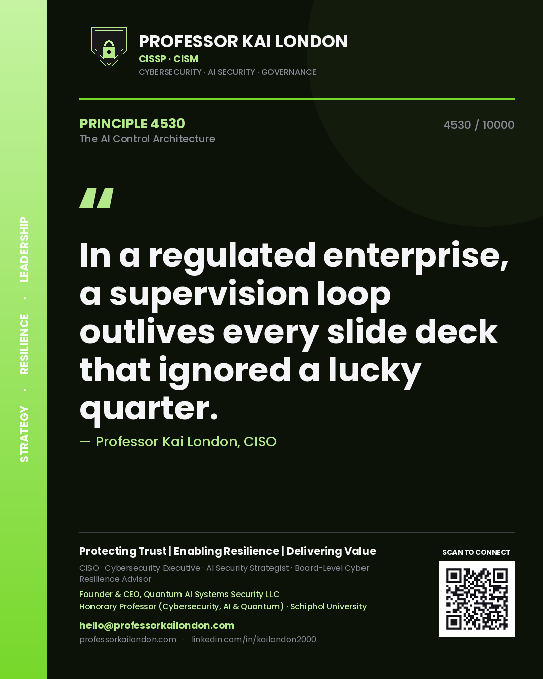 Quote card by Professor Kai London reading 'In a regulated enterprise, a supervision loop outlives every slide deck that ignored a lucky quarter.'. From the book The AI Control Architecture.