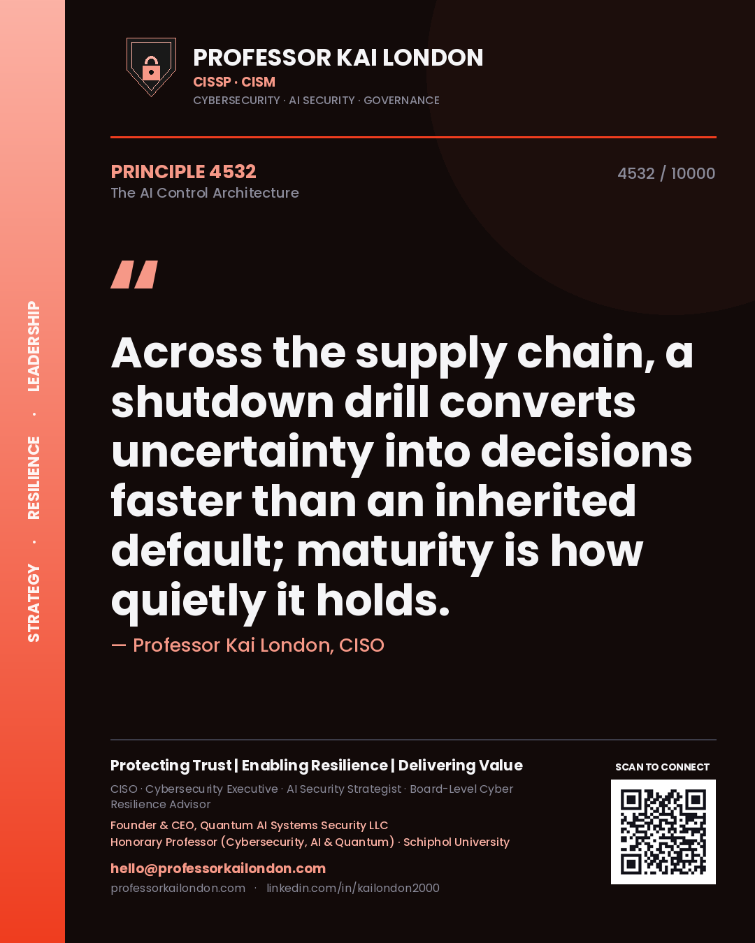 Quote card by Professor Kai London reading 'Across the supply chain, a shutdown drill converts uncertainty into decisions faster than an inherited default; maturity is how quietly it holds.'. From the book The AI Control Architecture.