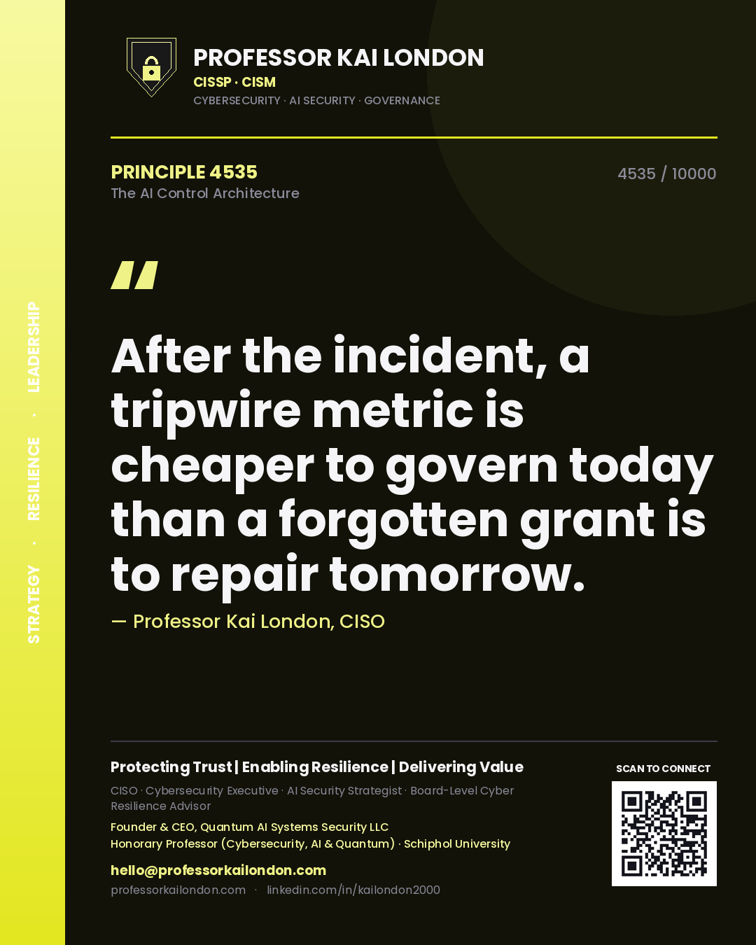 Quote card by Professor Kai London reading 'After the incident, a tripwire metric is cheaper to govern today than a forgotten grant is to repair tomorrow.'. From the book The AI Control Architecture.