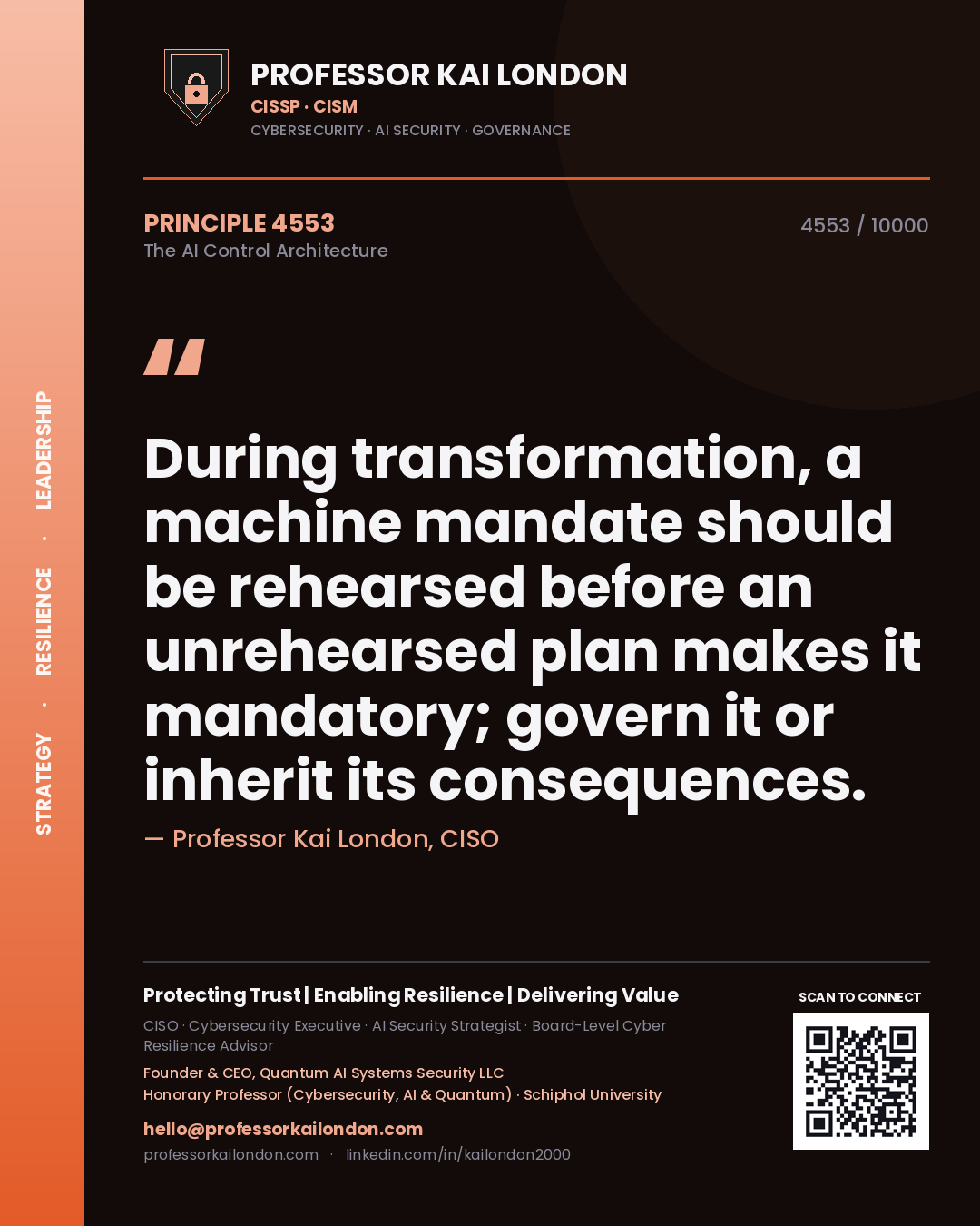 Quote card by Professor Kai London reading 'During transformation, a machine mandate should be rehearsed before an unrehearsed plan makes it mandatory; govern it or inherit its consequences.'. From the book The AI Control Architecture.