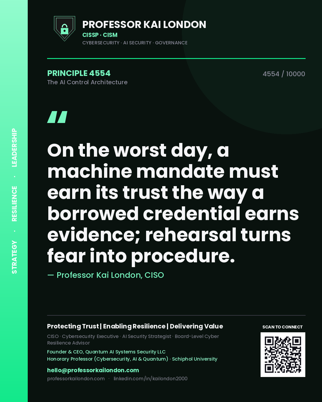 Quote card by Professor Kai London reading 'On the worst day, a machine mandate must earn its trust the way a borrowed credential earns evidence; rehearsal turns fear into procedure.'. From the book The AI Control Architecture.