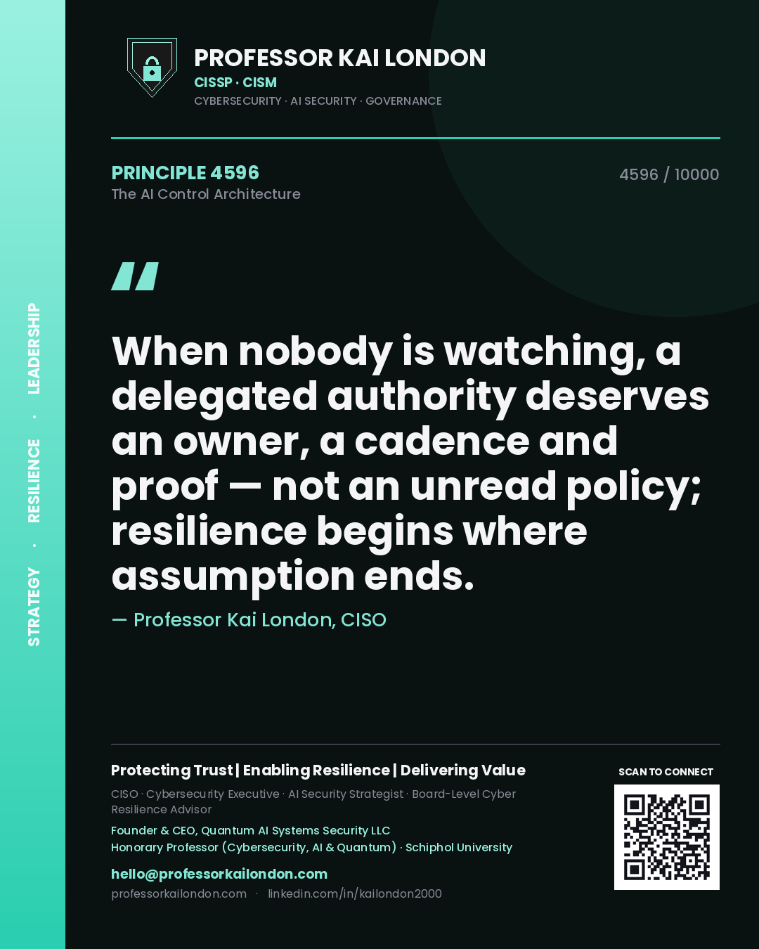 Quote card by Professor Kai London reading 'When nobody is watching, a delegated authority deserves an owner, a cadence and proof — not an unread policy; resilience begins where assumption ends.'. From the book The AI Control Architecture.