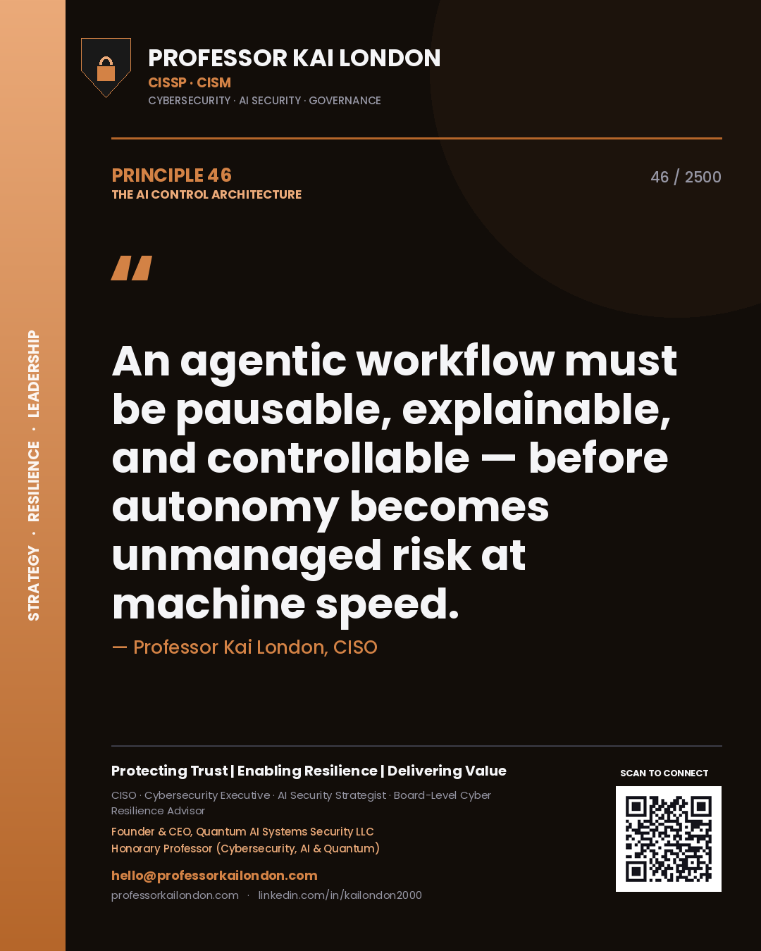 Quote card by Professor Kai London reading 'An agentic workflow must be pausable, explainable, and controllable — before autonomy becomes unmanaged risk at machine speed.'. From the book The AI Control Architecture.