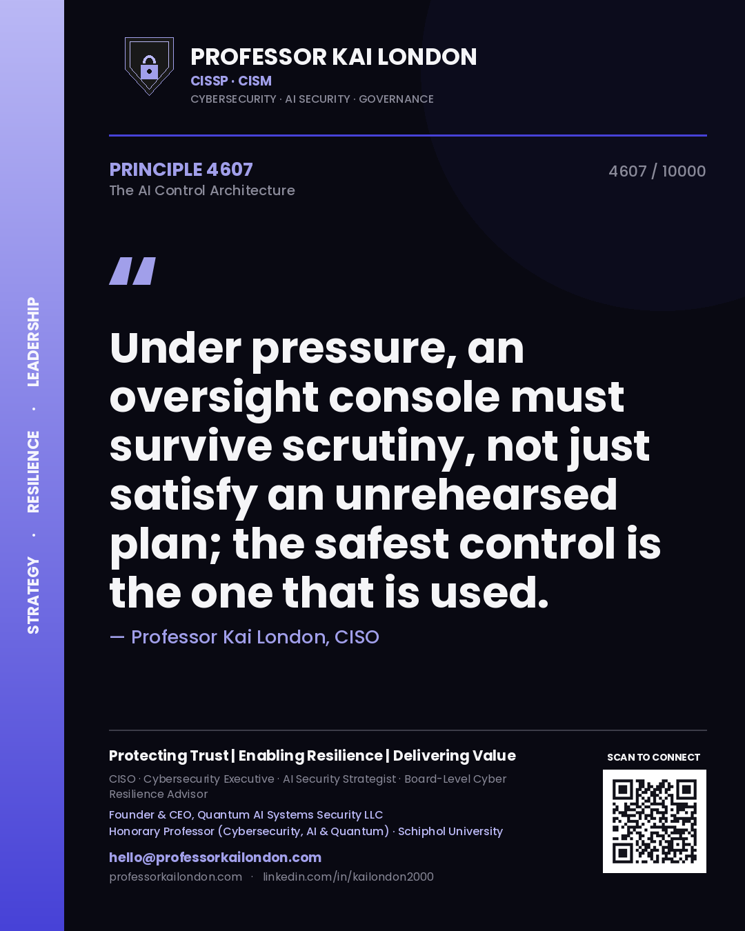 Quote card by Professor Kai London reading 'Under pressure, an oversight console must survive scrutiny, not just satisfy an unrehearsed plan; the safest control is the one that is used.'. From the book The AI Control Architecture.