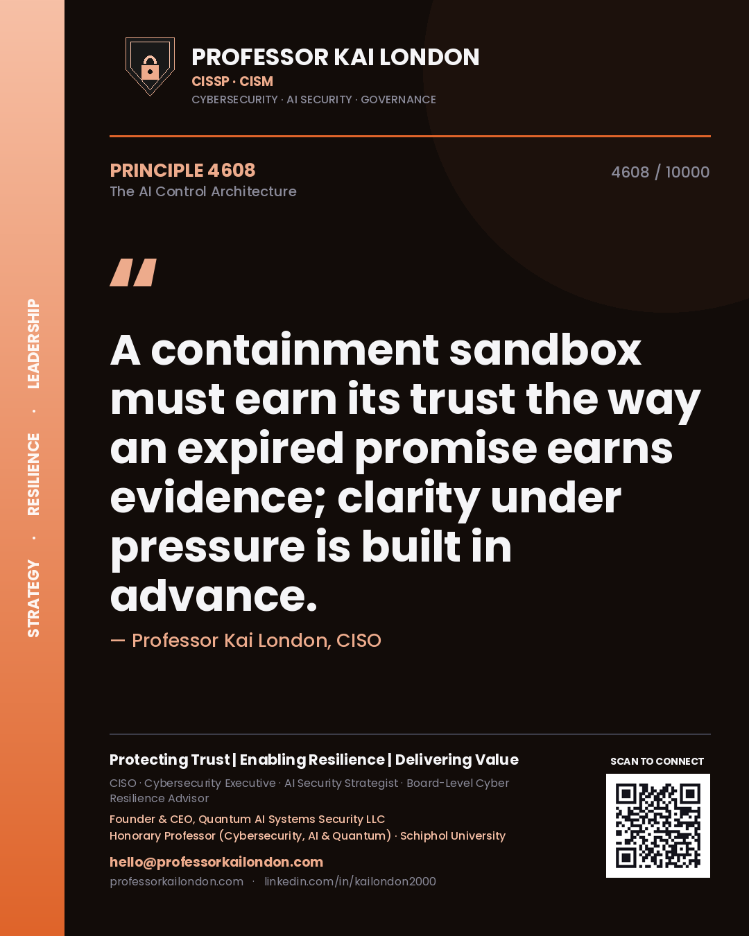 Quote card by Professor Kai London reading 'A containment sandbox must earn its trust the way an expired promise earns evidence; clarity under pressure is built in advance.'. From the book The AI Control Architecture.