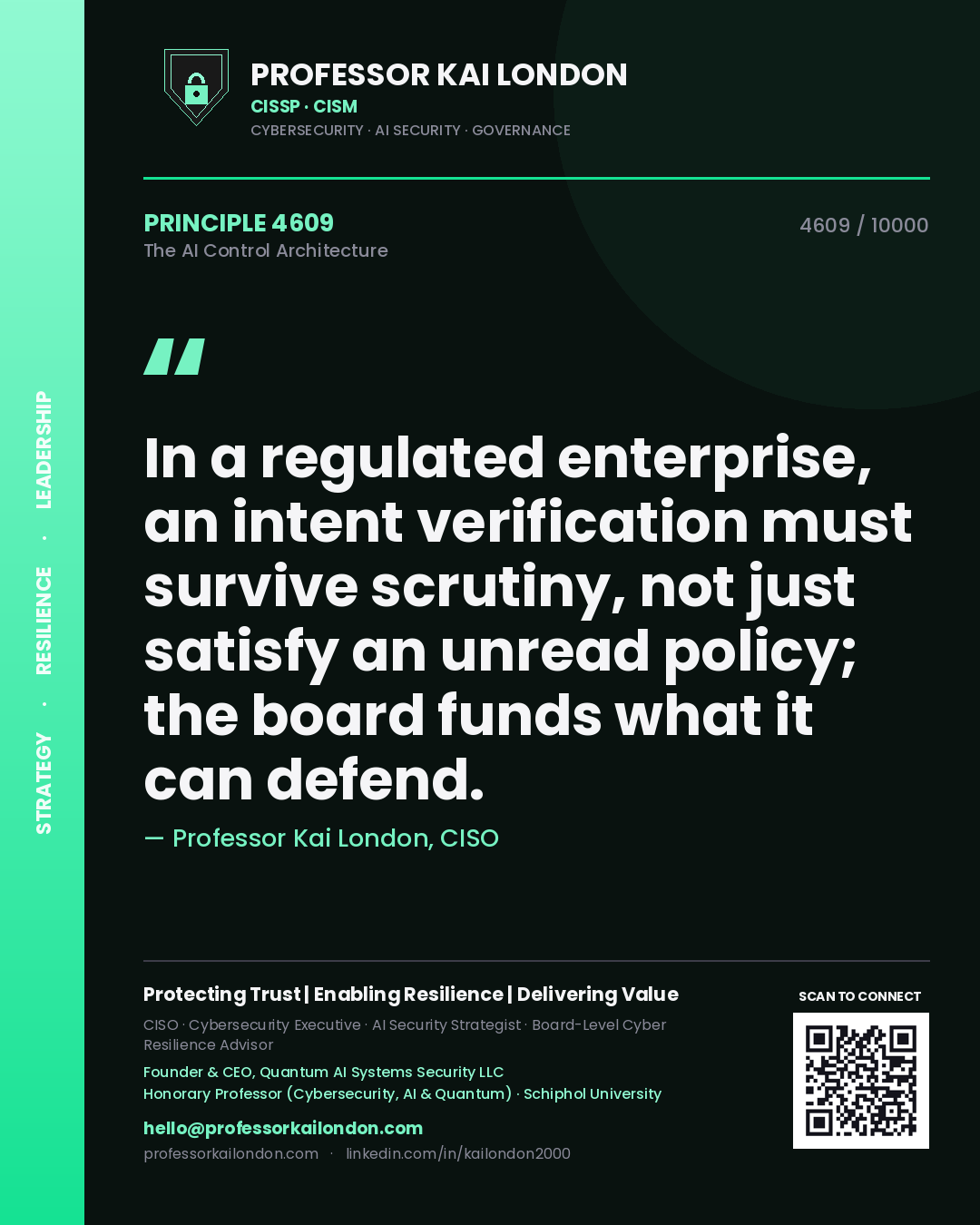 Quote card by Professor Kai London reading 'In a regulated enterprise, an intent verification must survive scrutiny, not just satisfy an unread policy; the board funds what it can defend.'. From the book The AI Control Architecture.