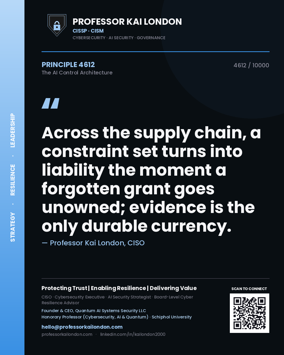 Quote card by Professor Kai London reading 'Across the supply chain, a constraint set turns into liability the moment a forgotten grant goes unowned; evidence is the only durable currency.'. From the book The AI Control Architecture.