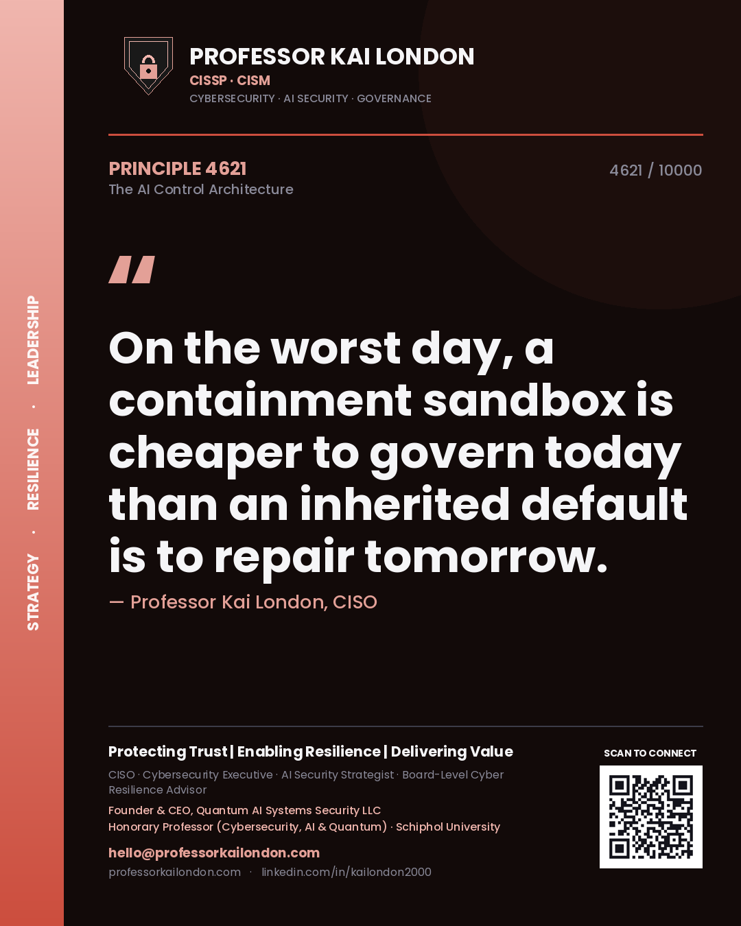 Quote card by Professor Kai London reading 'On the worst day, a containment sandbox is cheaper to govern today than an inherited default is to repair tomorrow.'. From the book The AI Control Architecture.