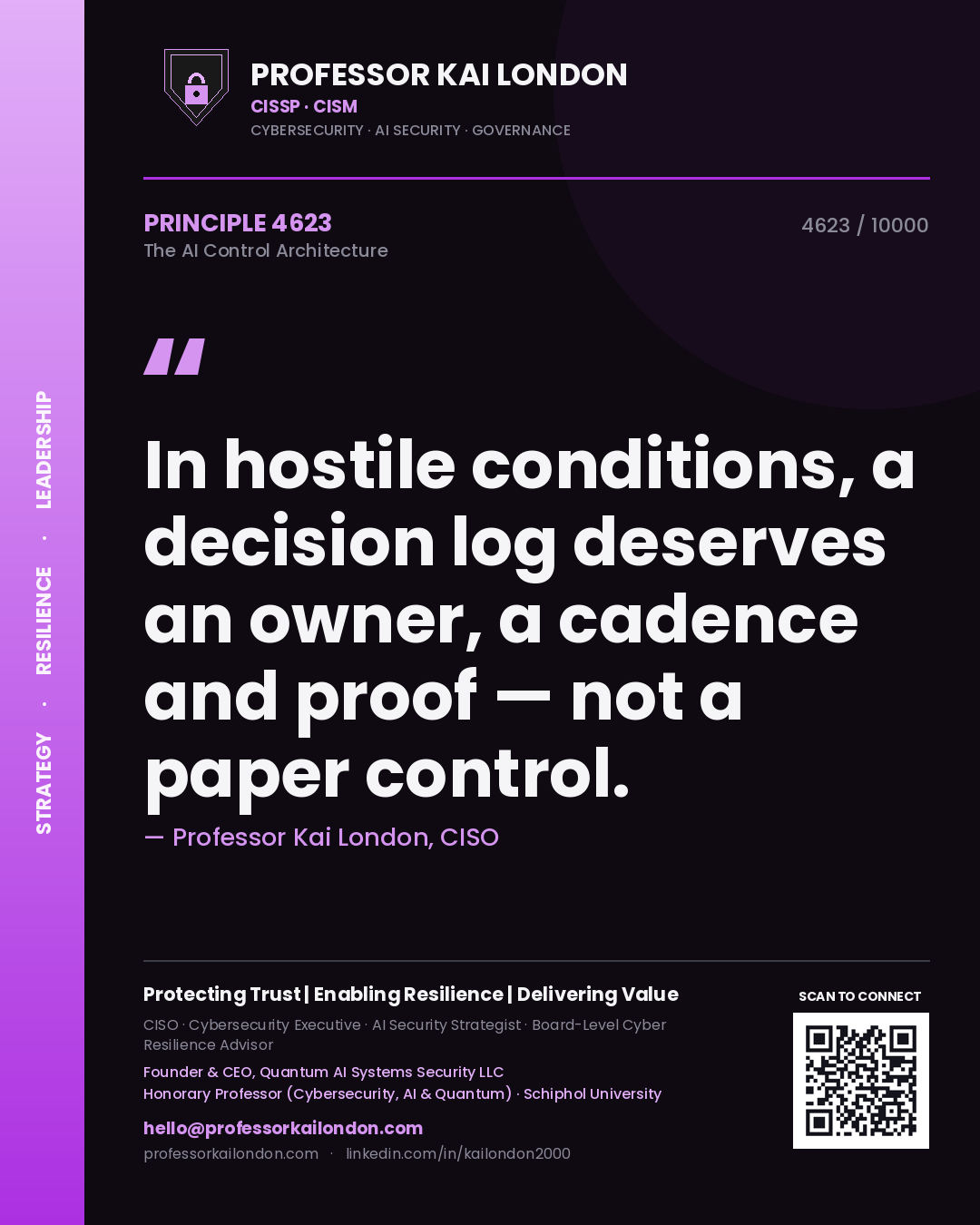 Quote card by Professor Kai London reading 'In hostile conditions, a decision log deserves an owner, a cadence and proof — not a paper control.'. From the book The AI Control Architecture.