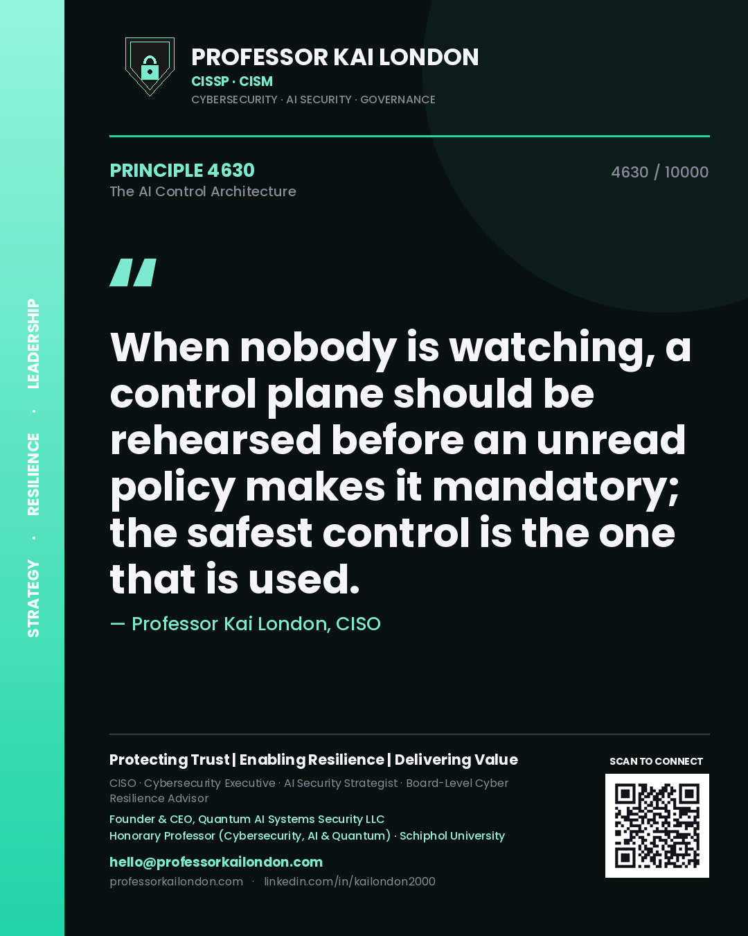 Quote card by Professor Kai London reading 'When nobody is watching, a control plane should be rehearsed before an unread policy makes it mandatory; the safest control is the one that is used.'. From the book The AI Control Architecture.