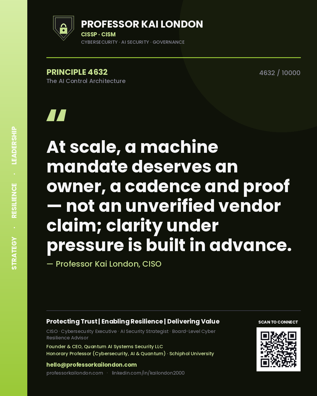 Professor Kai London principle 4632: At scale, a machine mandate deserves an owner, a cadence and proof — not an unverified vendor claim; clarity under pressure is built in advance.