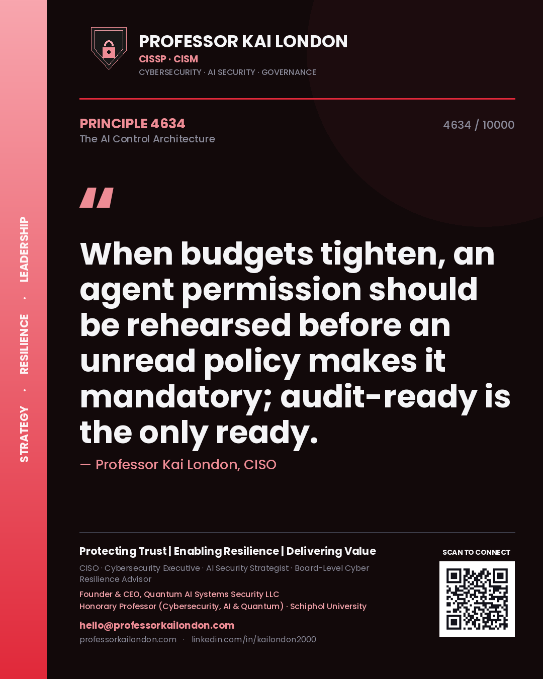 Quote card by Professor Kai London reading 'When budgets tighten, an agent permission should be rehearsed before an unread policy makes it mandatory; audit-ready is the only ready.'. From the book The AI Control Architecture.