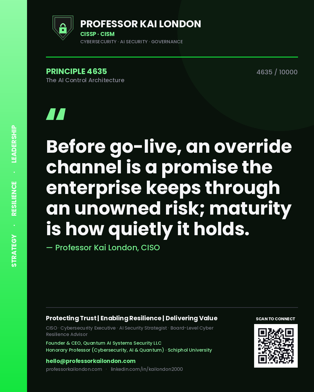 Quote card by Professor Kai London reading 'Before go-live, an override channel is a promise the enterprise keeps through an unowned risk; maturity is how quietly it holds.'. From the book The AI Control Architecture.