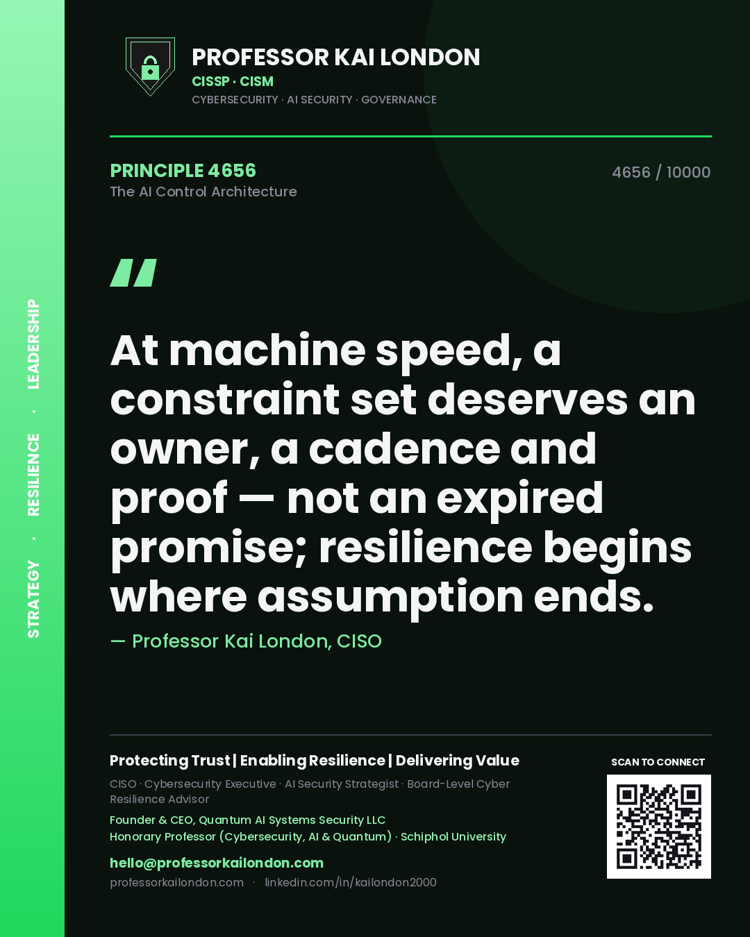 Quote card by Professor Kai London reading 'At machine speed, a constraint set deserves an owner, a cadence and proof — not an expired promise; resilience begins where assumption ends.'. From the book The AI Control Architecture.