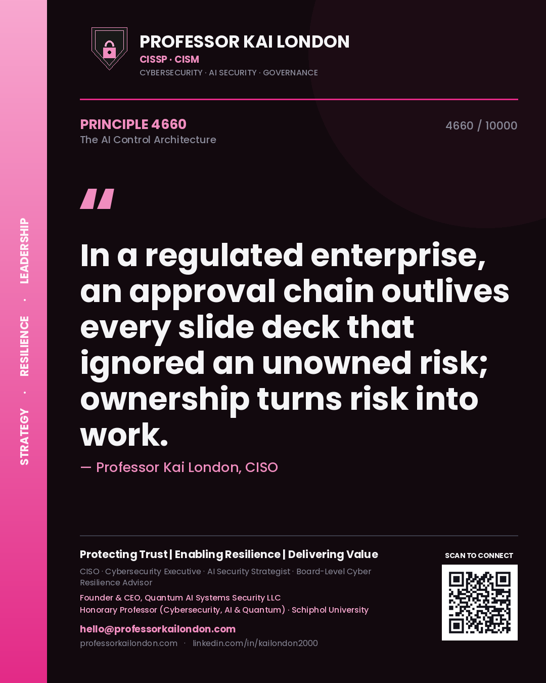 Quote card by Professor Kai London reading 'In a regulated enterprise, an approval chain outlives every slide deck that ignored an unowned risk; ownership turns risk into work.'. From the book The AI Control Architecture.