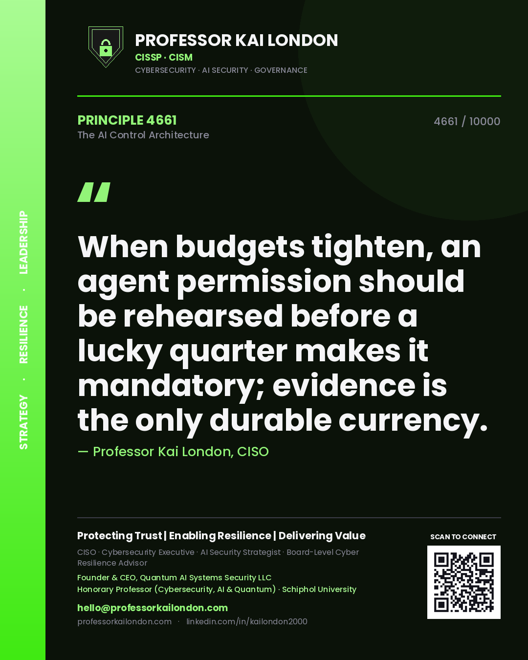 Quote card by Professor Kai London reading 'When budgets tighten, an agent permission should be rehearsed before a lucky quarter makes it mandatory; evidence is the only durable currency.'. From the book The AI Control Architecture.