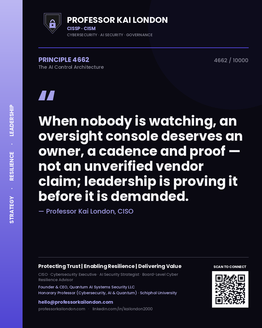 Quote card by Professor Kai London reading 'When nobody is watching, an oversight console deserves an owner, a cadence and proof — not an unverified vendor claim; leadership is proving it before it is demanded.'. From the book The AI Control Architecture.