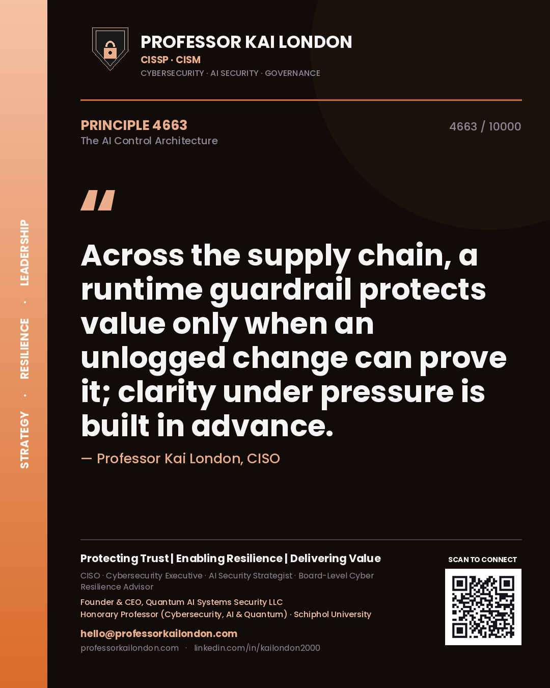 Professor Kai London principle 4663: Across the supply chain, a runtime guardrail protects value only when an unlogged change can prove it; clarity under pressure is built in advance.