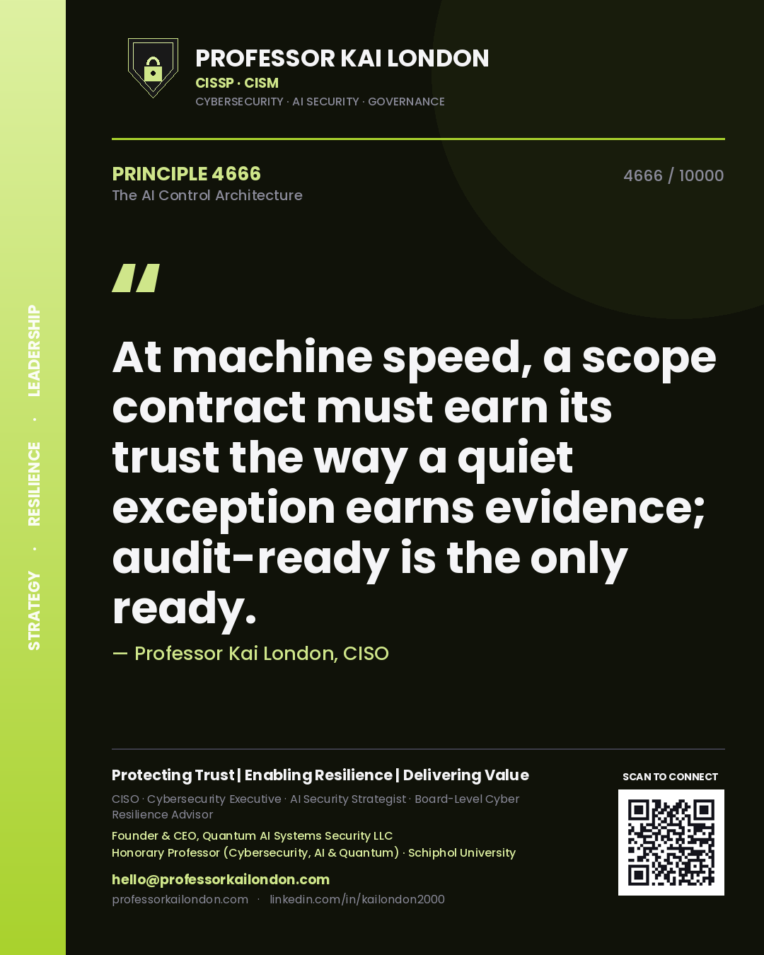Professor Kai London principle 4666: At machine speed, a scope contract must earn its trust the way a quiet exception earns evidence; audit-ready is the only ready.