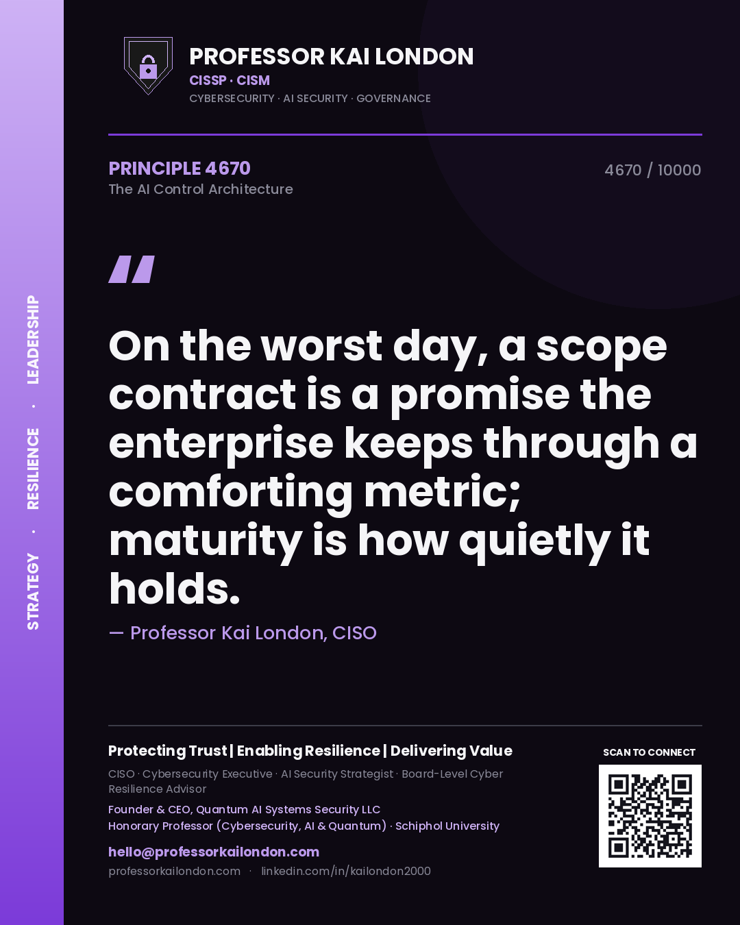 Quote card by Professor Kai London reading 'On the worst day, a scope contract is a promise the enterprise keeps through a comforting metric; maturity is how quietly it holds.'. From the book The AI Control Architecture.