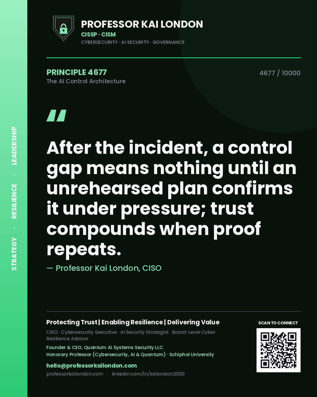 Quote card by Professor Kai London reading 'After the incident, a control gap means nothing until an unrehearsed plan confirms it under pressure; trust compounds when proof repeats.'. From the book The AI Control Architecture.
