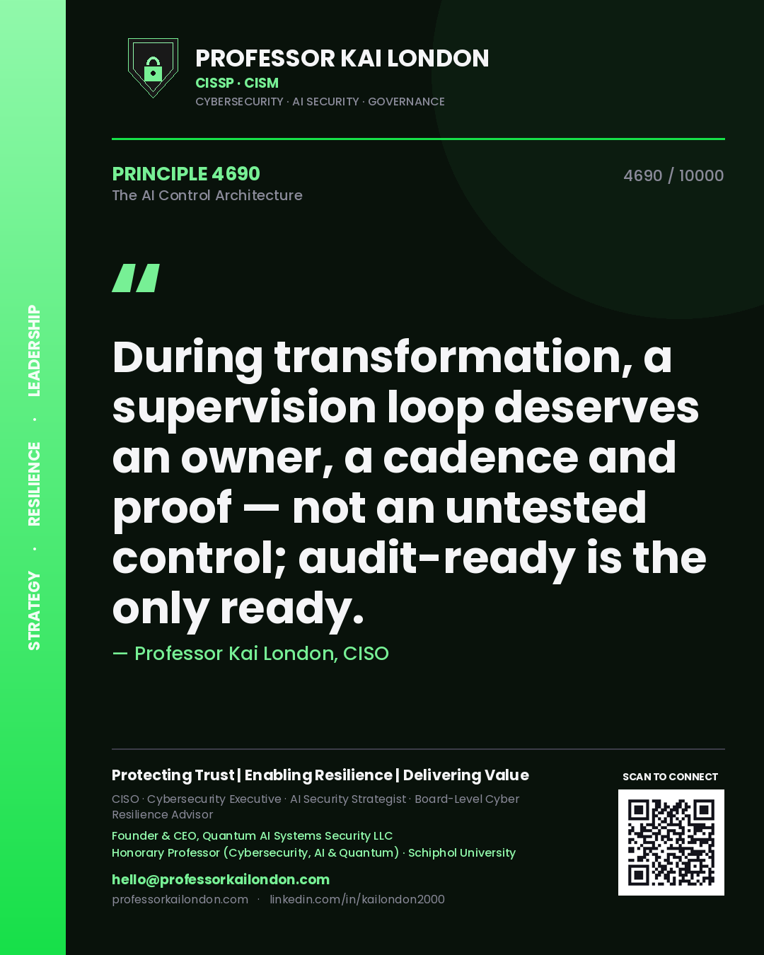 Quote card by Professor Kai London reading 'During transformation, a supervision loop deserves an owner, a cadence and proof — not an untested control; audit-ready is the only ready.'. From the book The AI Control Architecture.