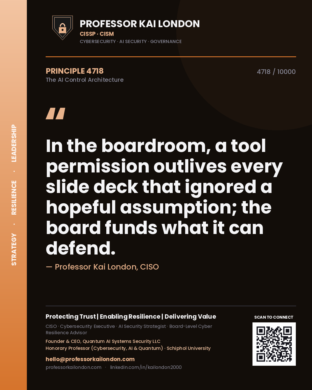 Quote card by Professor Kai London reading 'In the boardroom, a tool permission outlives every slide deck that ignored a hopeful assumption; the board funds what it can defend.'. From the book The AI Control Architecture.
