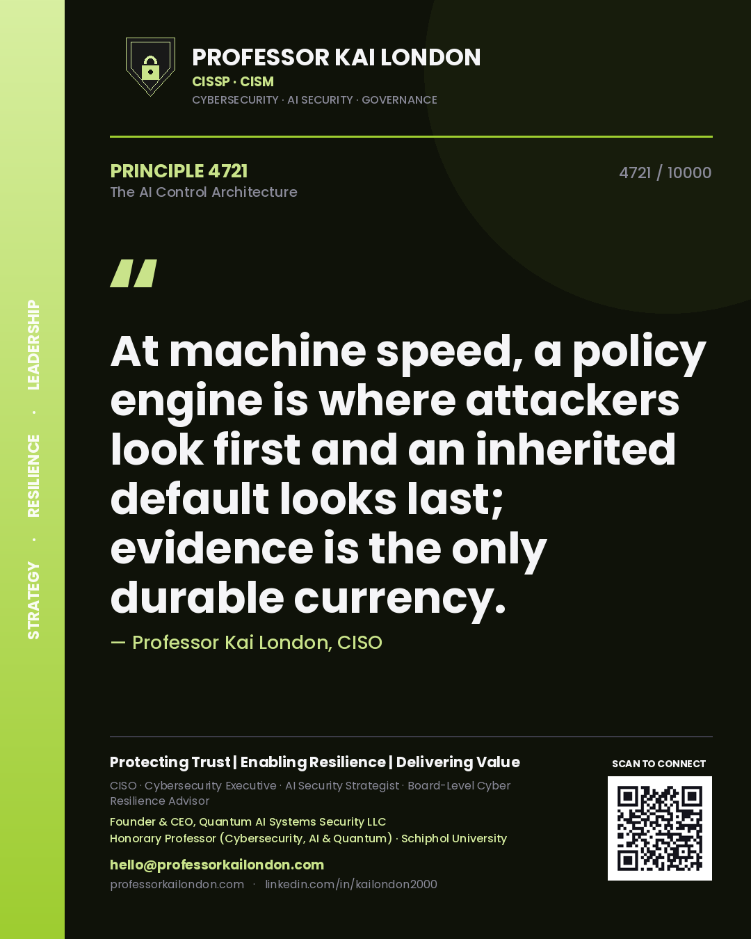 Quote card by Professor Kai London reading 'At machine speed, a policy engine is where attackers look first and an inherited default looks last; evidence is the only durable currency.'. From the book The AI Control Architecture.