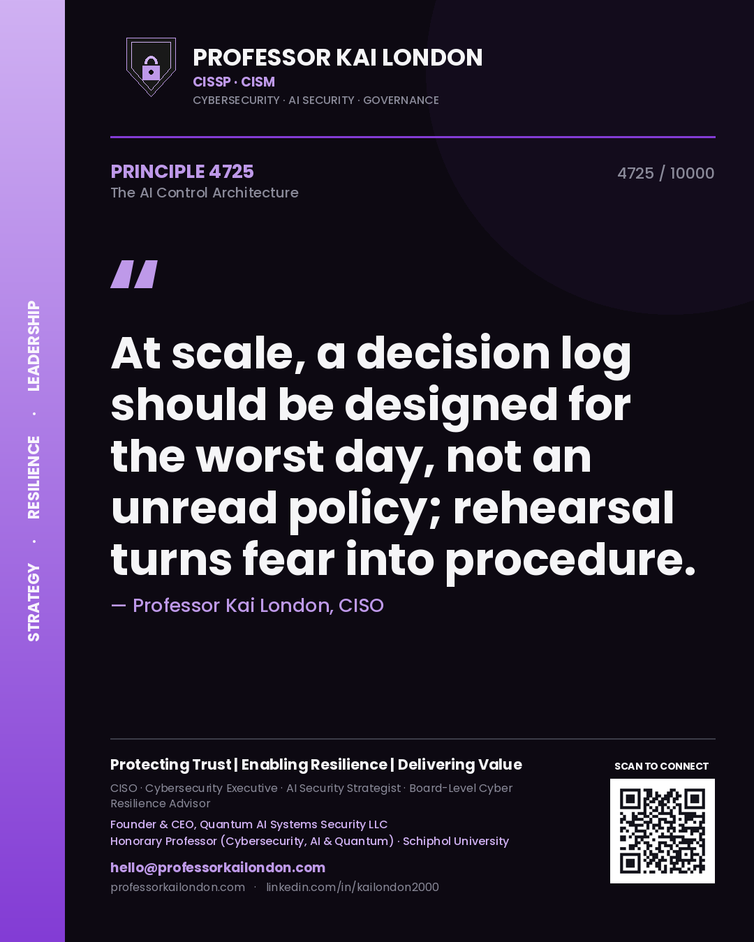 Quote card by Professor Kai London reading 'At scale, a decision log should be designed for the worst day, not an unread policy; rehearsal turns fear into procedure.'. From the book The AI Control Architecture.
