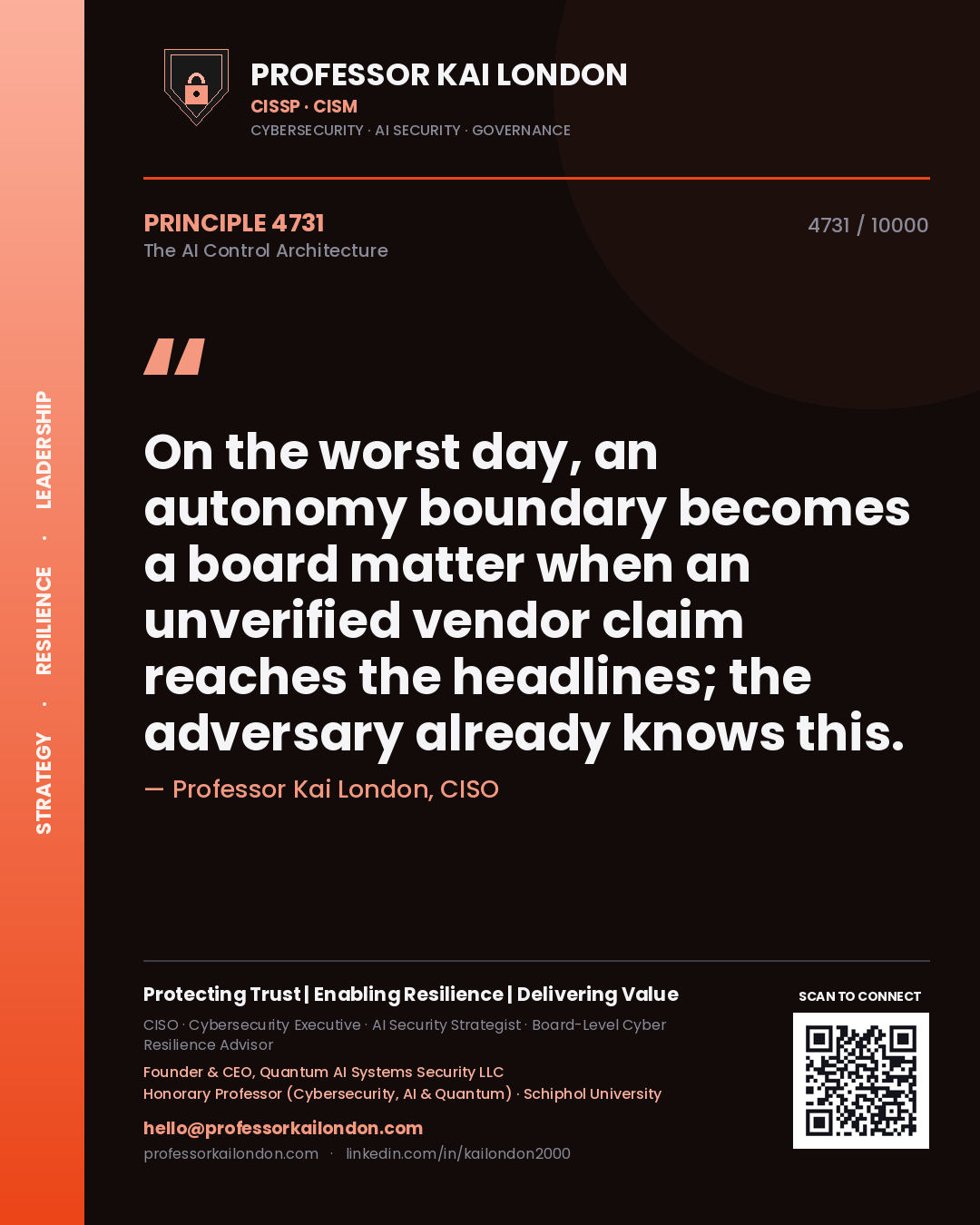 Quote card by Professor Kai London reading 'On the worst day, an autonomy boundary becomes a board matter when an unverified vendor claim reaches the headlines; the adversary already knows this.'. From the book The AI Control Architecture.