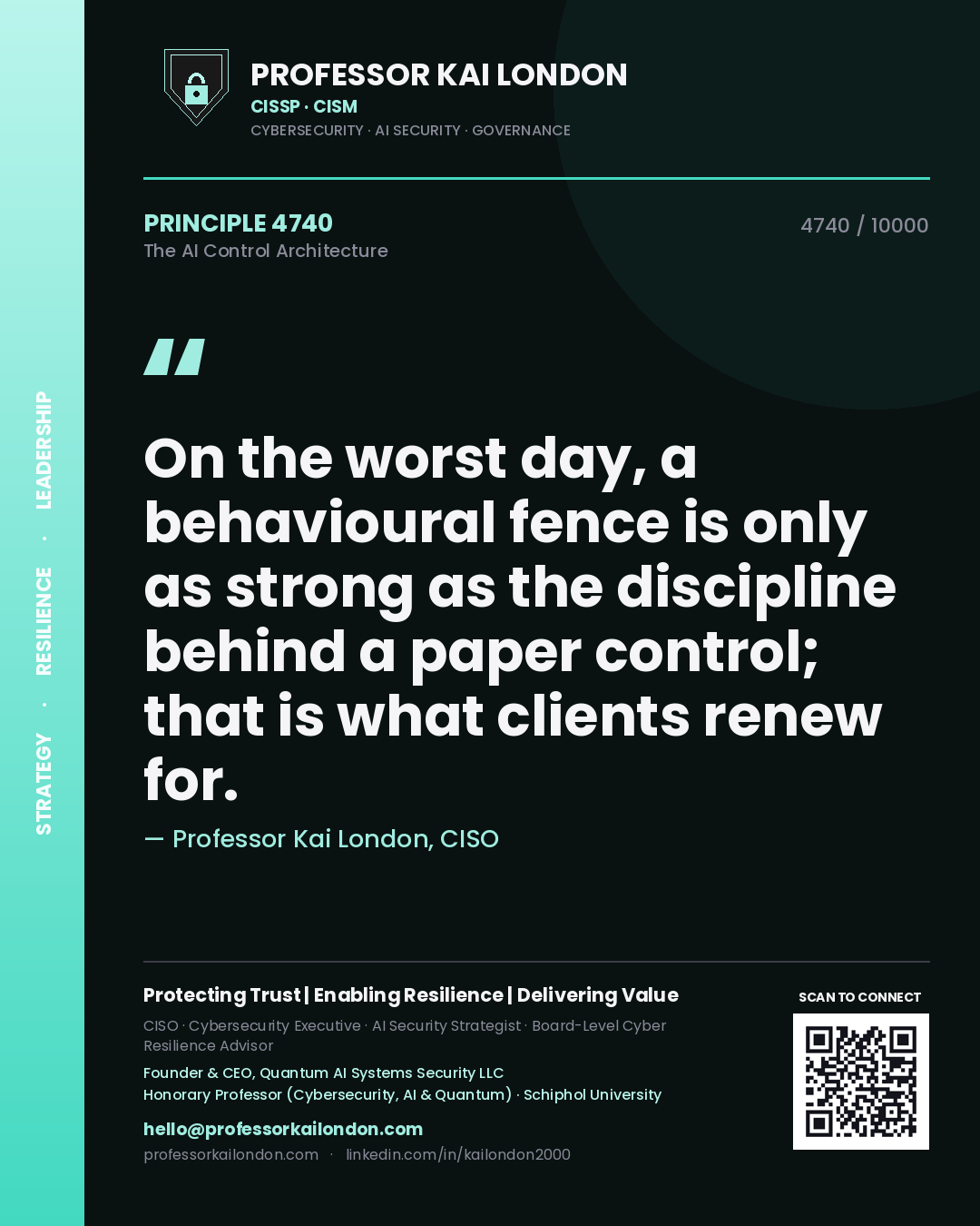 Quote card by Professor Kai London reading 'On the worst day, a behavioural fence is only as strong as the discipline behind a paper control; that is what clients renew for.'. From the book The AI Control Architecture.