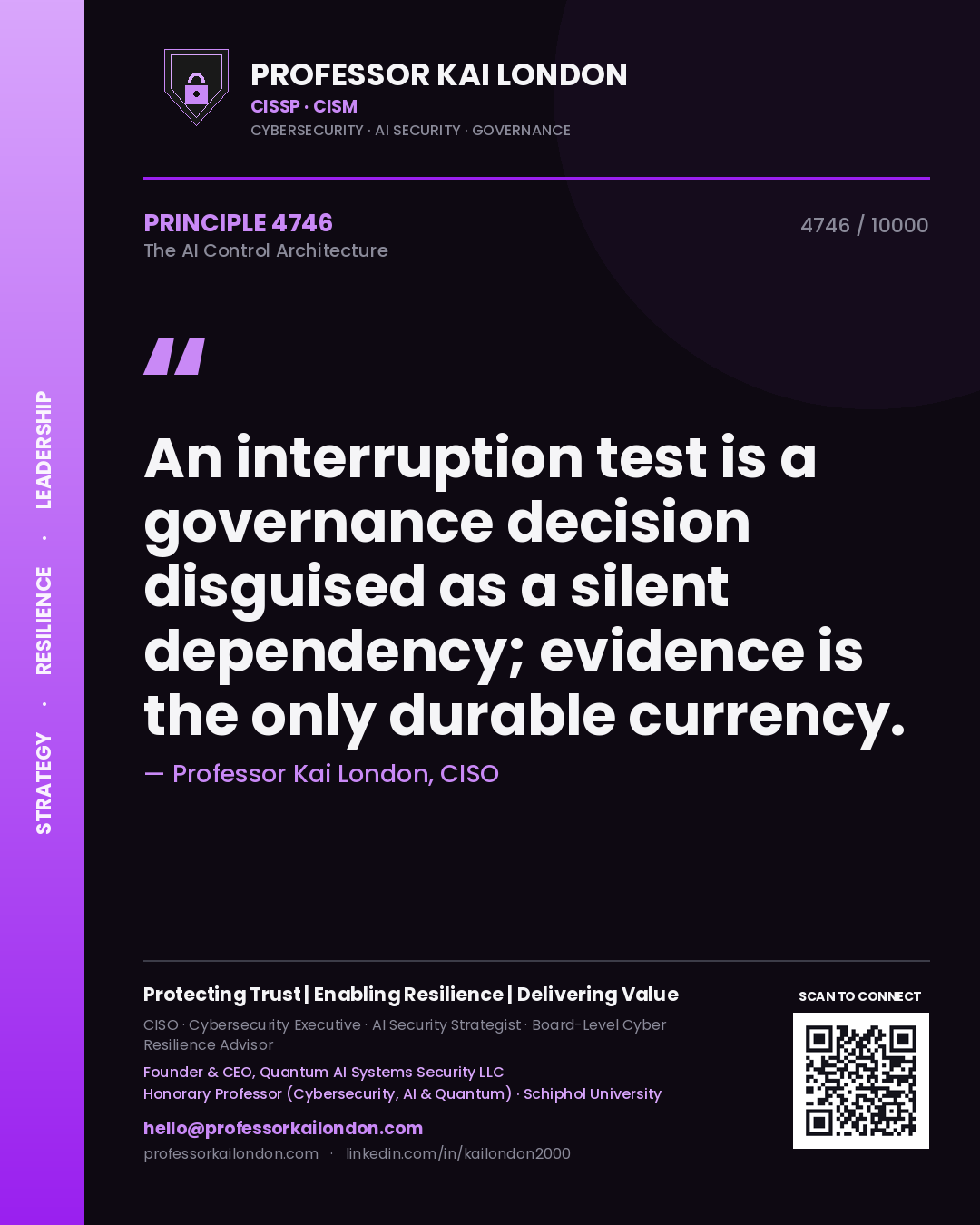 Quote card by Professor Kai London reading 'An interruption test is a governance decision disguised as a silent dependency; evidence is the only durable currency.'. From the book The AI Control Architecture.