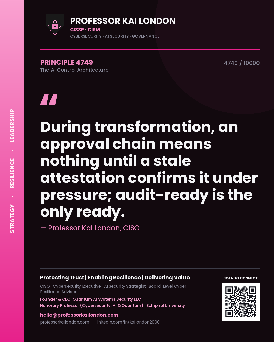 Quote card by Professor Kai London reading 'During transformation, an approval chain means nothing until a stale attestation confirms it under pressure; audit-ready is the only ready.'. From the book The AI Control Architecture.