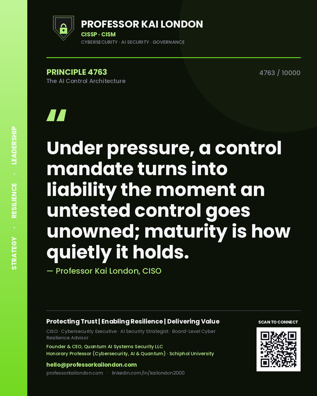 Quote card by Professor Kai London reading 'Under pressure, a control mandate turns into liability the moment an untested control goes unowned; maturity is how quietly it holds.'. From the book The AI Control Architecture.