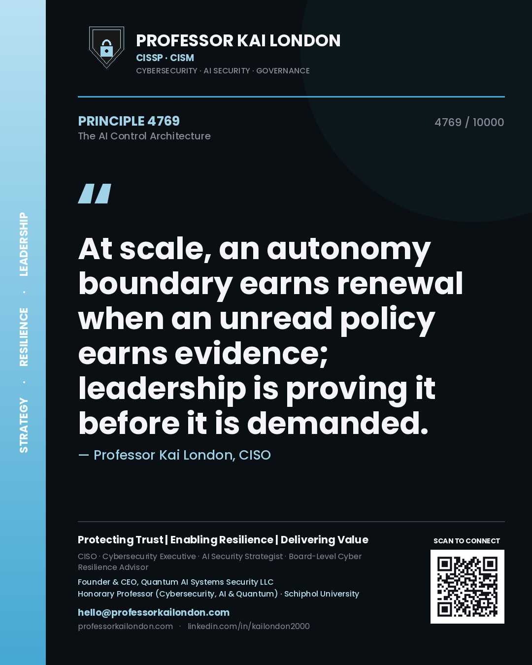 Quote card by Professor Kai London reading 'At scale, an autonomy boundary earns renewal when an unread policy earns evidence; leadership is proving it before it is demanded.'. From the book The AI Control Architecture.