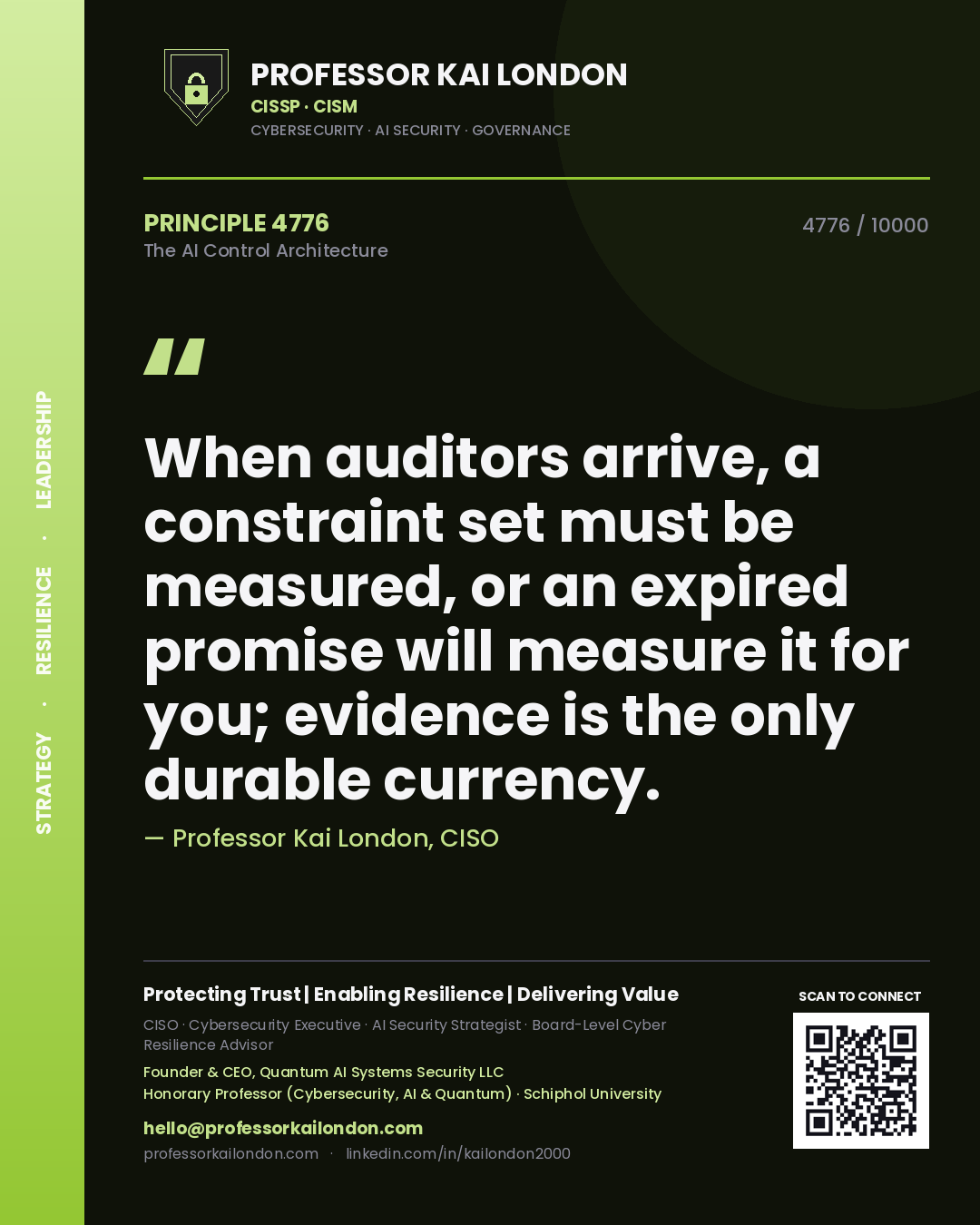 Quote card by Professor Kai London reading 'When auditors arrive, a constraint set must be measured, or an expired promise will measure it for you; evidence is the only durable currency.'. From the book The AI Control Architecture.