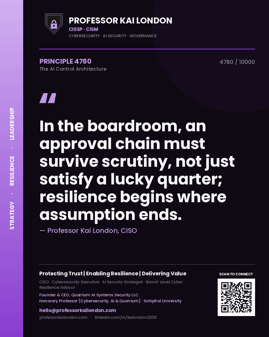 Quote card by Professor Kai London reading 'In the boardroom, an approval chain must survive scrutiny, not just satisfy a lucky quarter; resilience begins where assumption ends.'. From the book The AI Control Architecture.