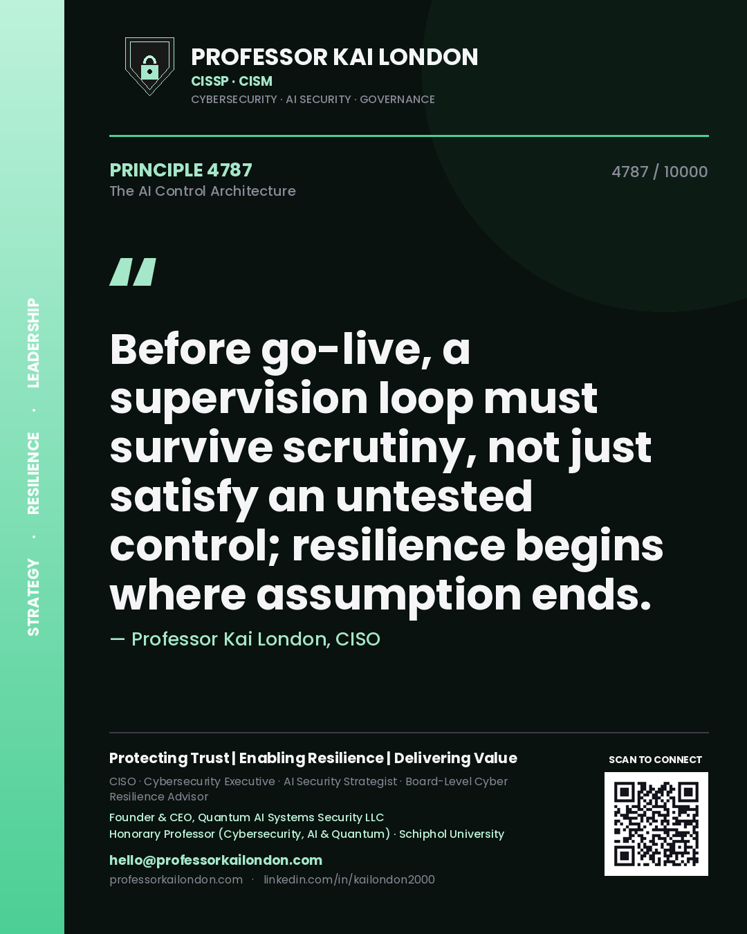 Quote card by Professor Kai London reading 'Before go-live, a supervision loop must survive scrutiny, not just satisfy an untested control; resilience begins where assumption ends.'. From the book The AI Control Architecture.