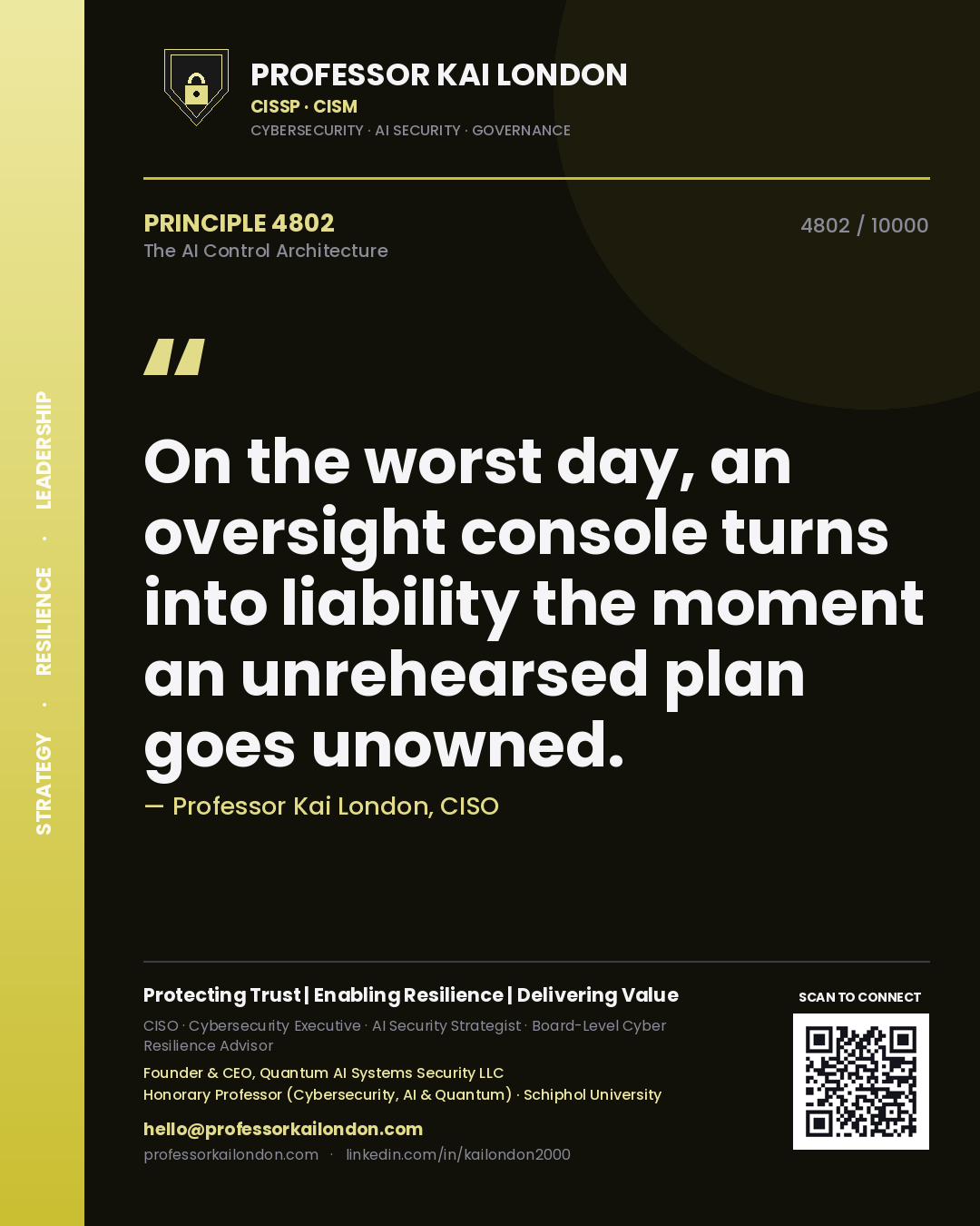 Quote card by Professor Kai London reading 'On the worst day, an oversight console turns into liability the moment an unrehearsed plan goes unowned.'. From the book The AI Control Architecture.
